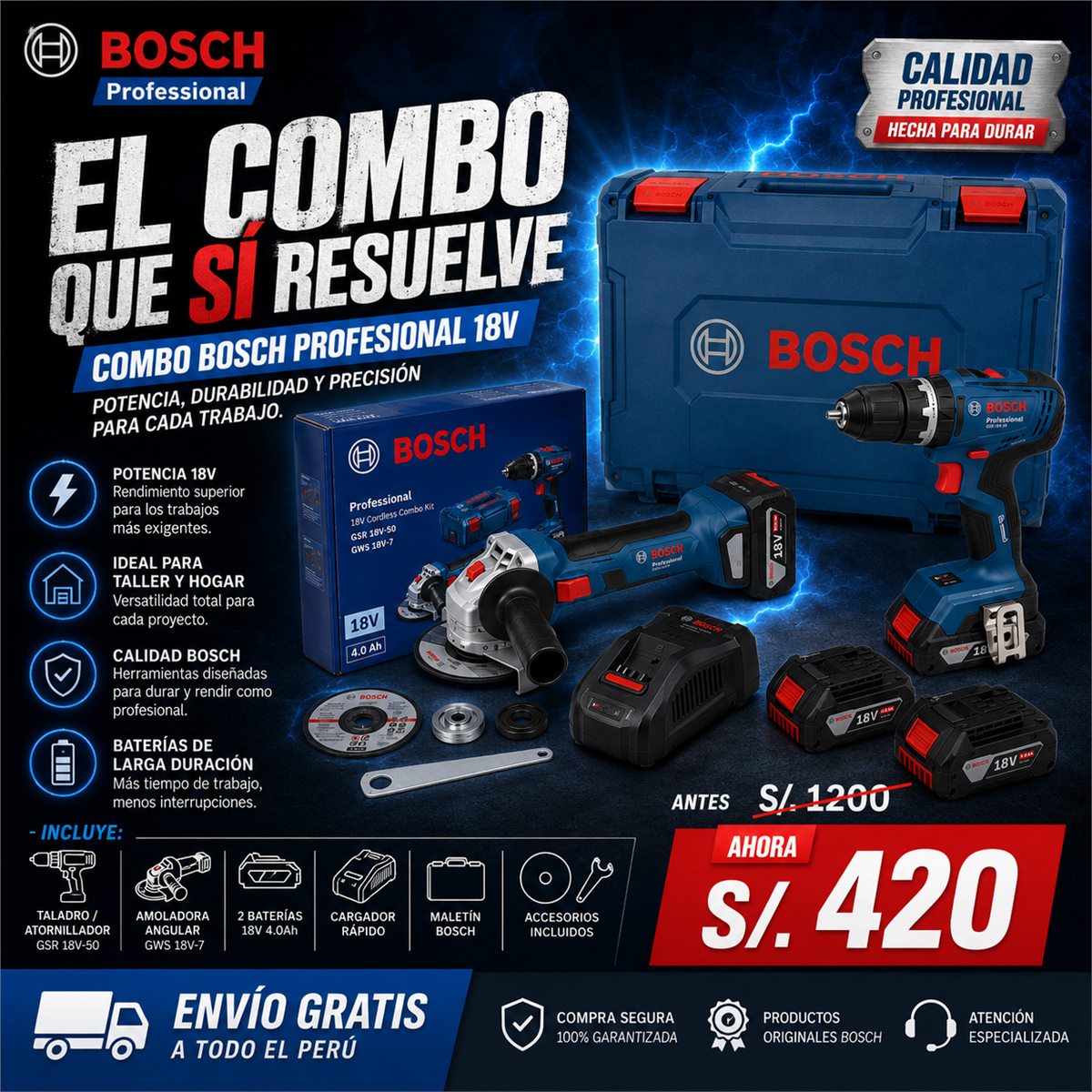 Combo Bosch: taladro + amoladora